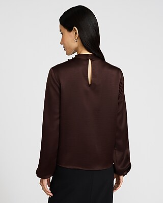 Satin Button Mock Neck Long Sleeve Top