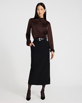 Satin Button Mock Neck Long Sleeve Top