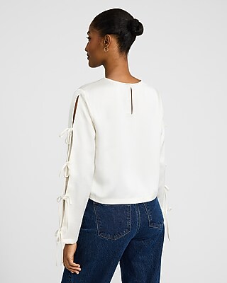Satin Crew Neck Bow Long Sleeve Top