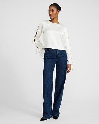 Satin Crew Neck Bow Long Sleeve Top