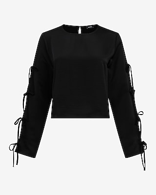 Satin Crew Neck Bow Long Sleeve Top