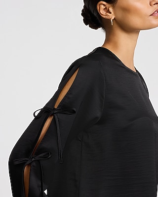 Satin Crew Neck Bow Long Sleeve Top