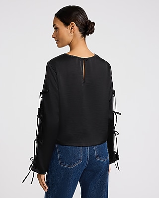 Satin Crew Neck Bow Long Sleeve Top