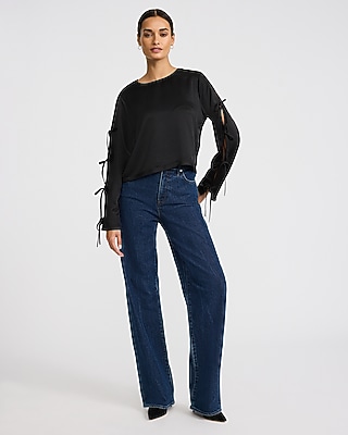 Satin Crew Neck Bow Long Sleeve Top