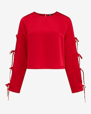 Satin Crew Neck Bow Long Sleeve Top - image 5
