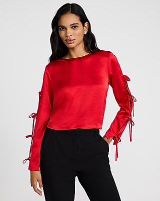 Satin Crew Neck Bow Long Sleeve Top - image 2