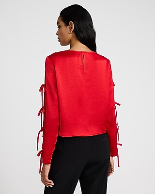 Satin Crew Neck Bow Long Sleeve Top - image 3