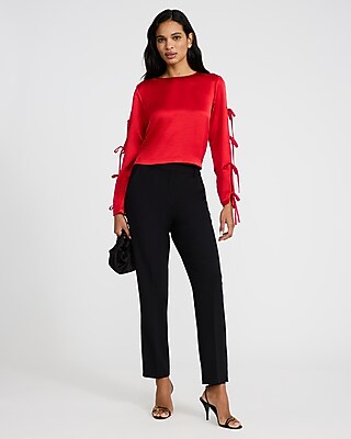 Satin Crew Neck Bow Long Sleeve Top - image 4