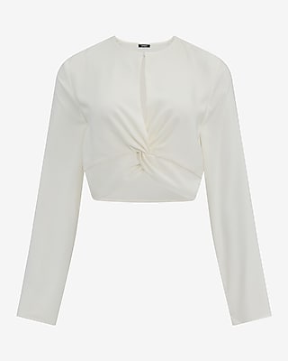 Crepe Crew Neck Long Sleeve Twist Front Cropped Top