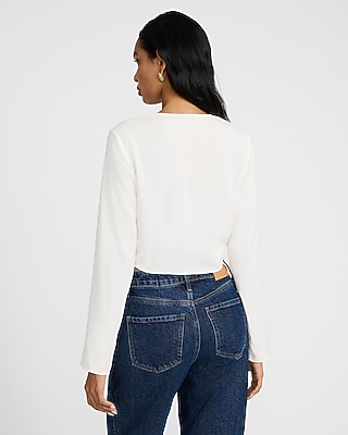 Crepe Crew Neck Long Sleeve Twist Front Cropped Top