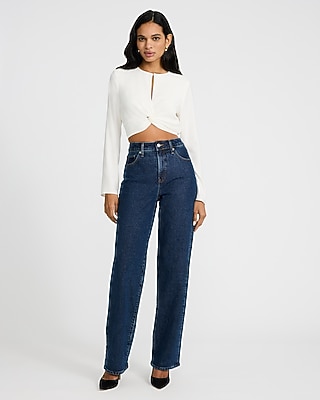 Crepe Crew Neck Long Sleeve Twist Front Cropped Top