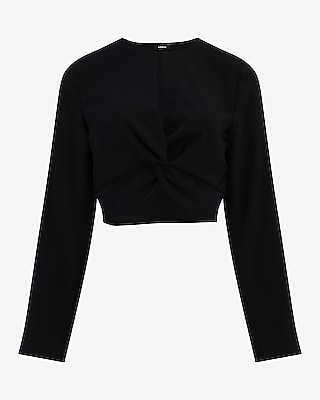Crepe Crew Neck Long Sleeve Twist Front Cropped Top
