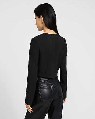 Crepe Crew Neck Long Sleeve Twist Front Cropped Top