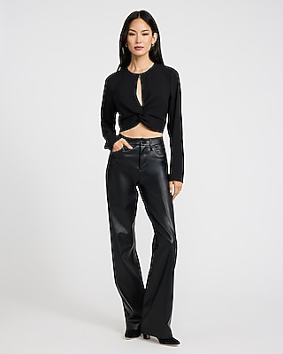 Crepe Crew Neck Long Sleeve Twist Front Cropped Top