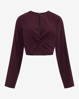 Crepe Crew Neck Long Sleeve Twist Front Cropped Top