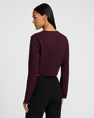 Crepe Crew Neck Long Sleeve Twist Front Cropped Top