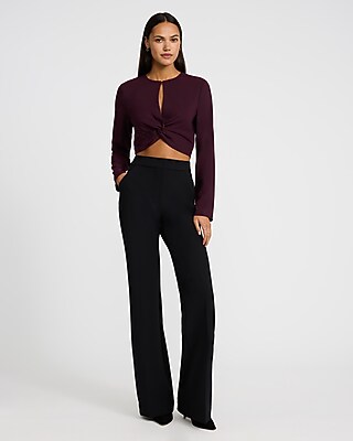 Crepe Crew Neck Long Sleeve Twist Front Cropped Top
