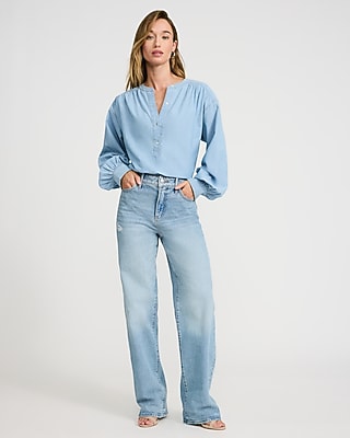 Cotton Denim Button Front Top