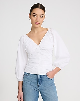 Stretch Cotton V-Neck Ruched Puff Sleeve Top