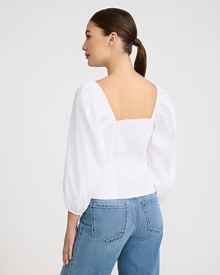 Stretch Cotton V-Neck Ruched Puff Sleeve Top