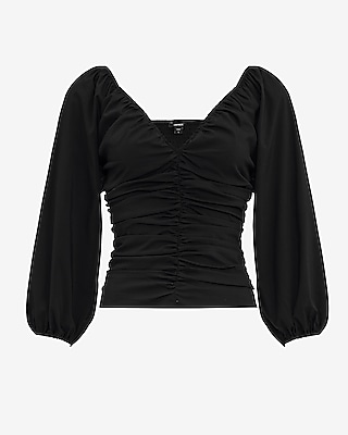 Stretch Cotton V-Neck Ruched Puff Sleeve Top