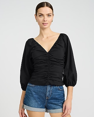 Stretch Cotton V-Neck Ruched Puff Sleeve Top