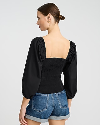 Stretch Cotton V-Neck Ruched Puff Sleeve Top