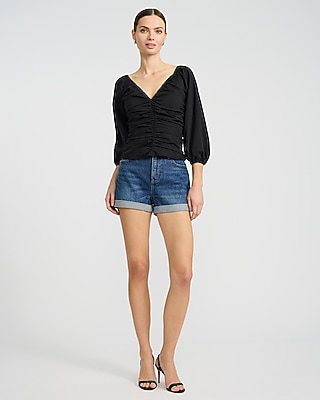 Stretch Cotton V-Neck Ruched Puff Sleeve Top