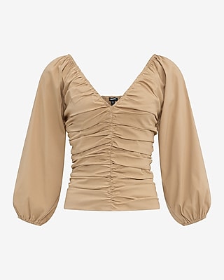 Stretch Cotton V-Neck Ruched Puff Sleeve Top