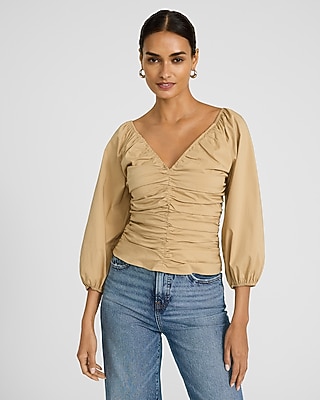 BEAUTY&YOUTH UNITED ARROWS - 【❤なか❤】TAN ／ PUFF SLEEVE BLOUSE Stretch Cotton V-neck Ruched Puff Sleeve Top | Express