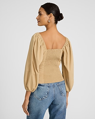 Stretch Cotton V-Neck Ruched Puff Sleeve Top