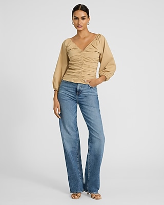 Stretch Cotton V-Neck Ruched Puff Sleeve Top
