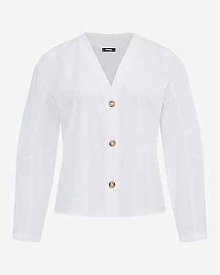 Stretch Cotton Poplin V-Neck Barrel Sleeve Button Up Top