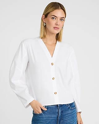 Stretch Cotton Poplin V-Neck Barrel Sleeve Button Up Top