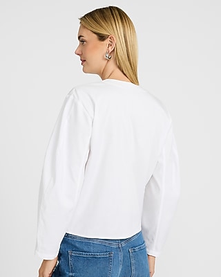 Stretch Cotton Poplin V-Neck Barrel Sleeve Button Up Top