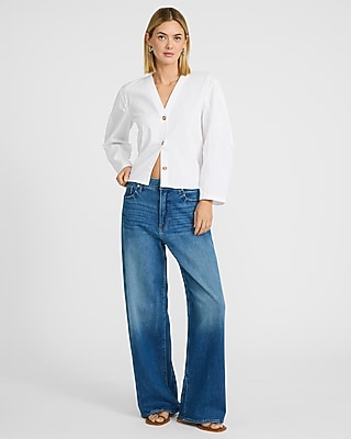 Stretch Cotton Poplin V-Neck Barrel Sleeve Button Up Top