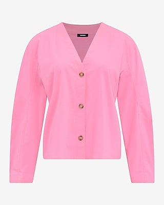 Stretch Cotton Poplin V-Neck Barrel Sleeve Button Up Top