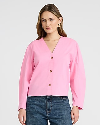 Stretch Cotton Poplin V-Neck Barrel Sleeve Button Up Top