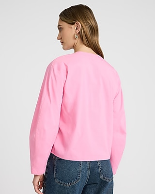 Stretch Cotton Poplin V-Neck Barrel Sleeve Button Up Top