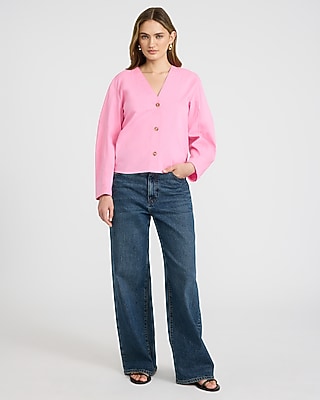 Stretch Cotton Poplin V-Neck Barrel Sleeve Button Up Top