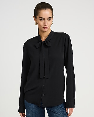 Tie Neck Long Sleeve Button Front Top