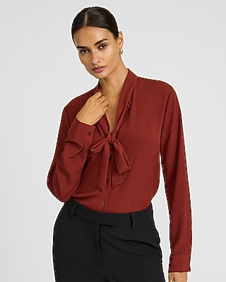 Tie Neck Long Sleeve Button Front Top