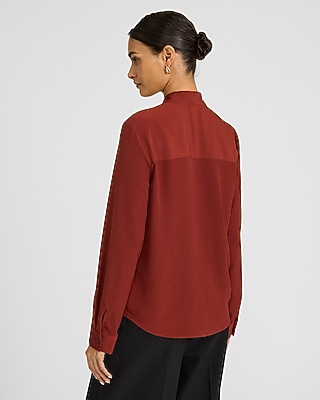 Tie Neck Long Sleeve Button Front Top