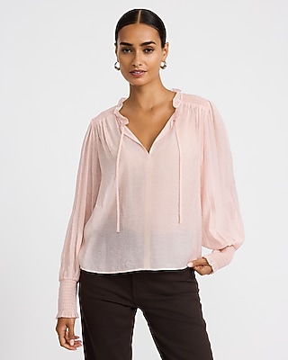 Sheer Textured Tie Front V-Neck Long Sleeve Top - thumbnail 5