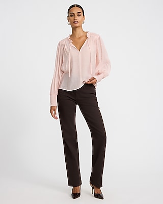 Sheer Textured Tie Front V-Neck Long Sleeve Top - thumbnail 7