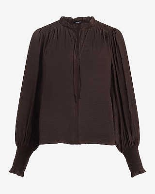 Sheer Textured Tie Front V-Neck Long Sleeve Top