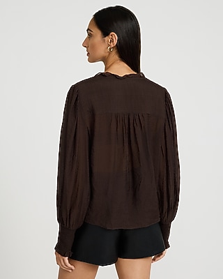 Sheer Textured Tie Front V-Neck Long Sleeve Top