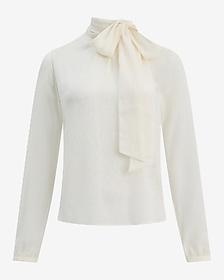 Floral Chiffon Jacquard Tie Neck Long Sleeve Top