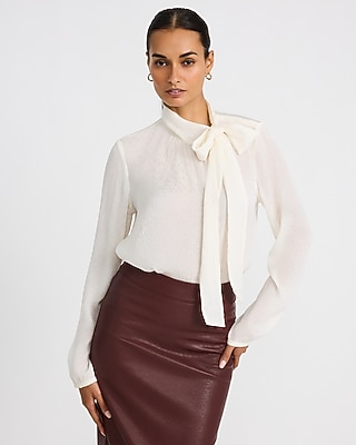 Floral Chiffon Jacquard Tie Neck Long Sleeve Top