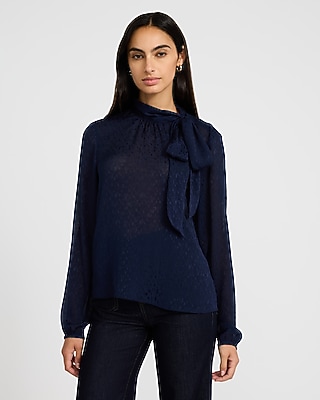 Floral Chiffon Jacquard Tie Neck Long Sleeve Top